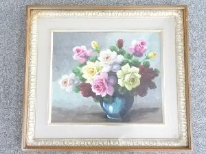 絵画　作家物　花の図油彩　肉筆額装